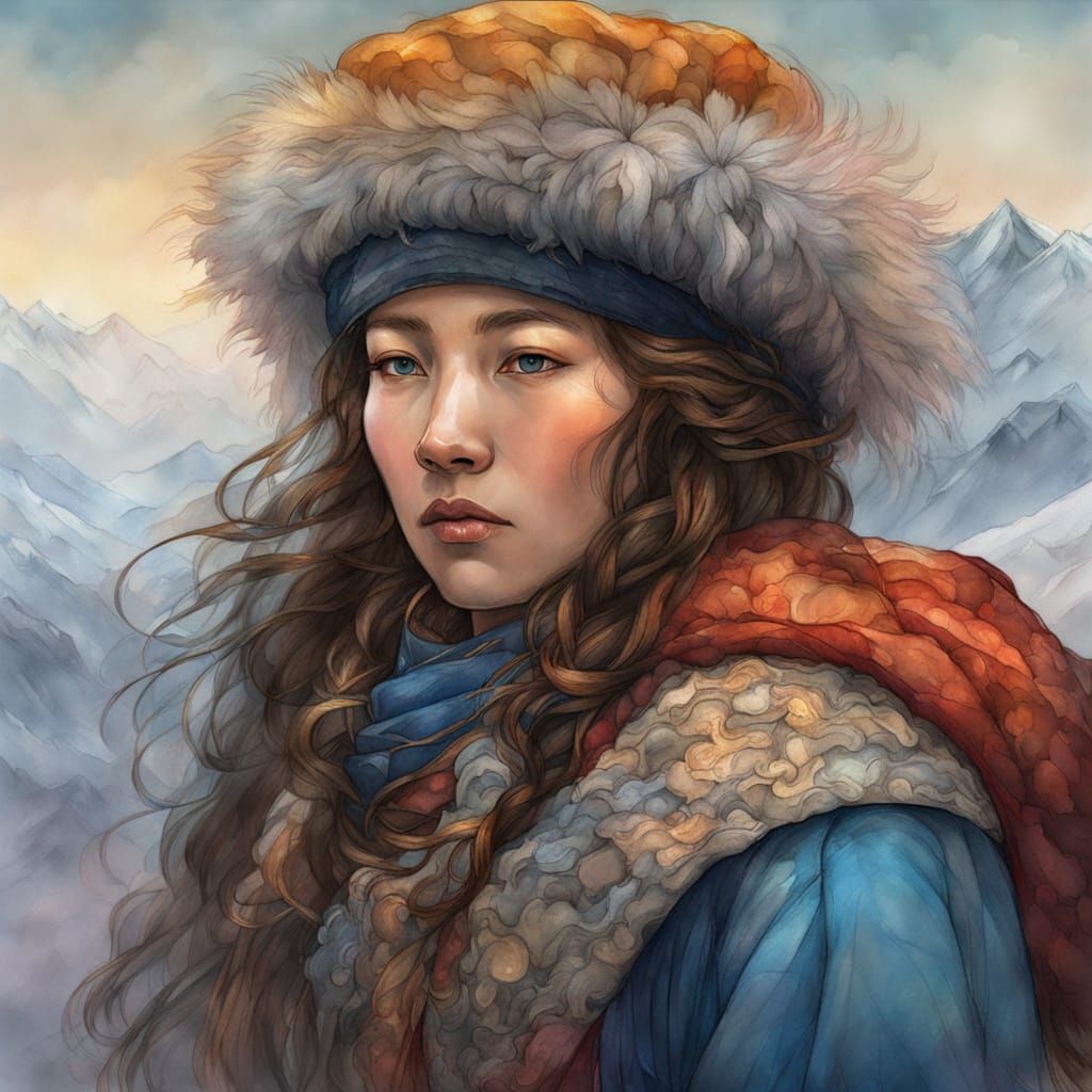 Mongolian Woman in Traditional Fur Attire, Horse in Backgrou...