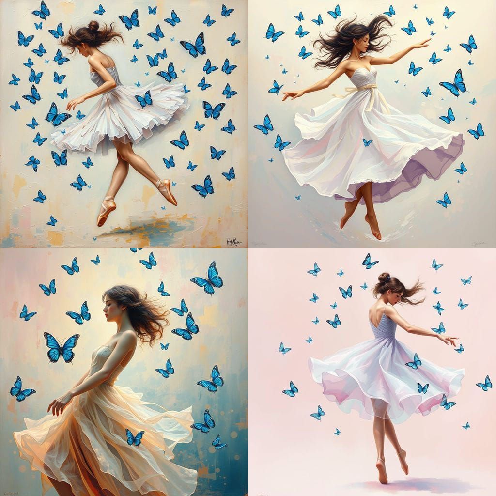 Dreamy Pastel Dancer Surrounded by Fluttering Blue Butterfli...