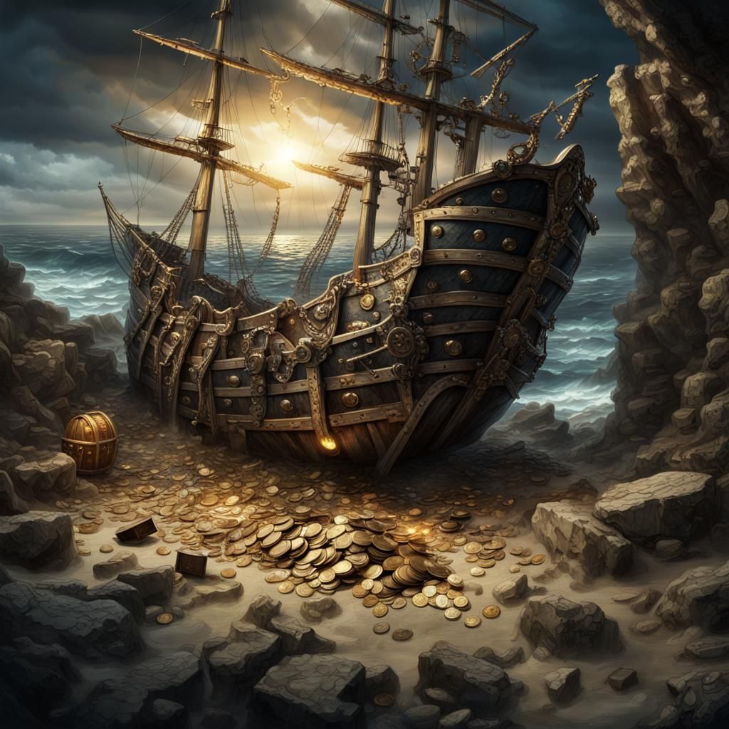 Shipwrecked Pirate Ship Treasure on Rocky Shore