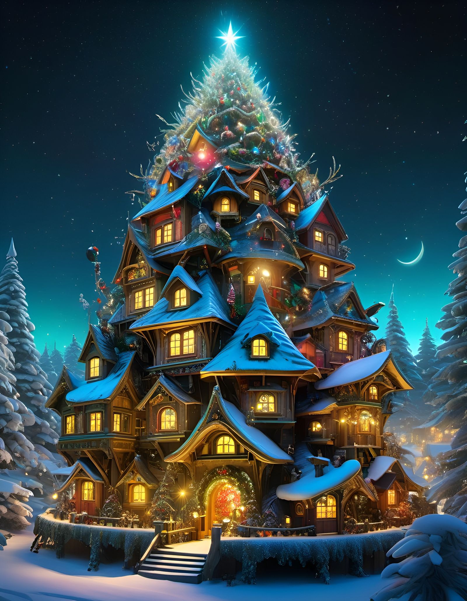 Glowing Christmas Tree Fairy Village: Fantasy Art
