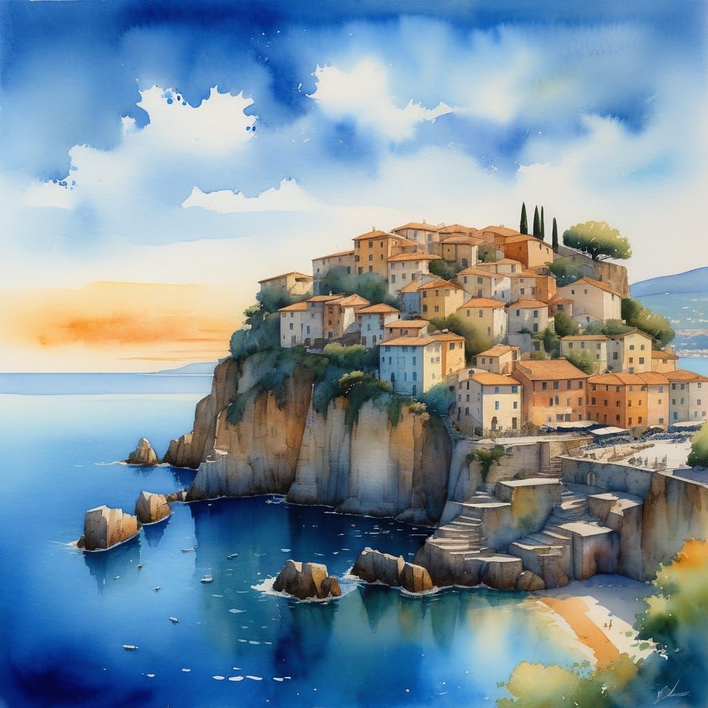 Watercolor Italian Village Overlooking Sparkling Ocean