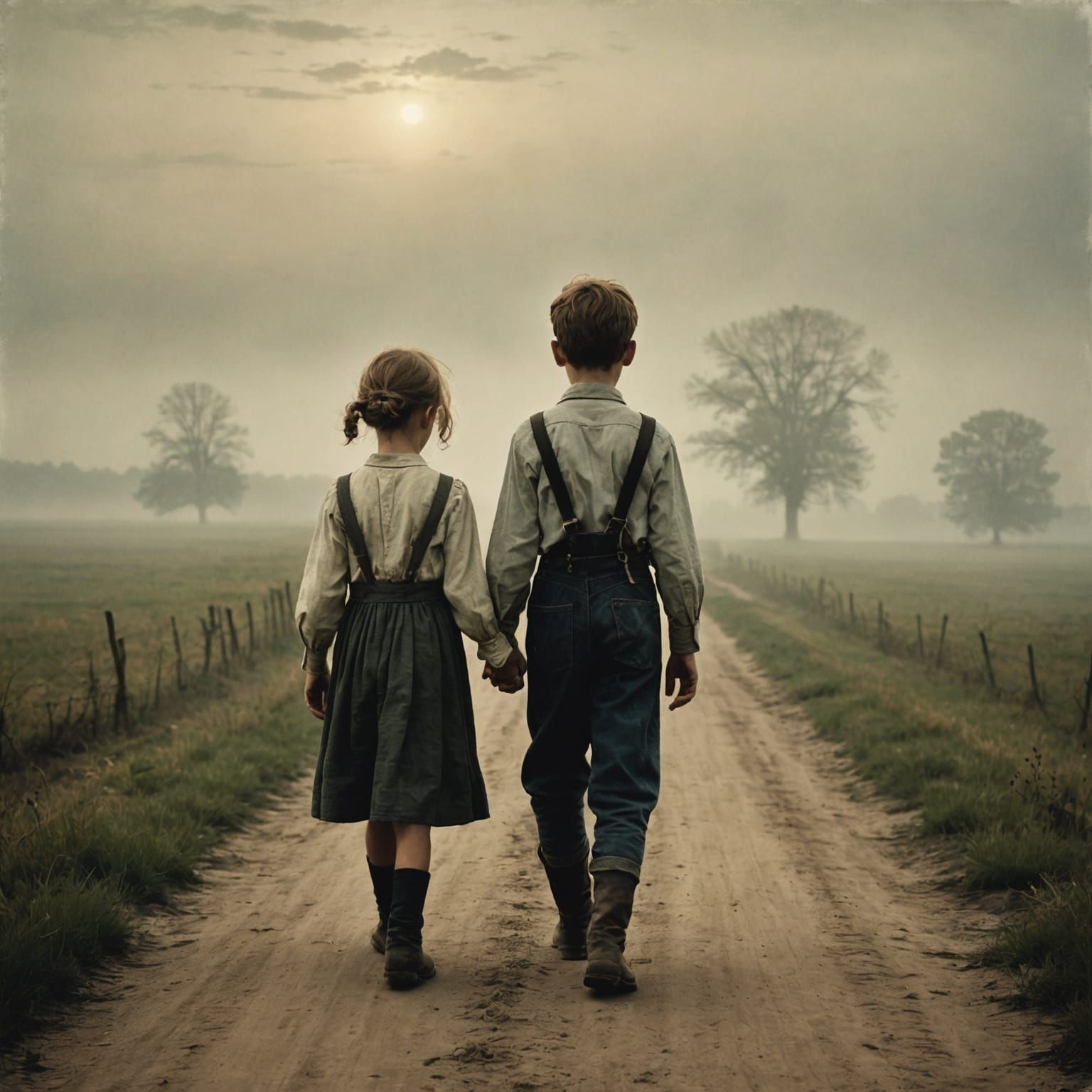 Country Children Walk into Foggy Horizon