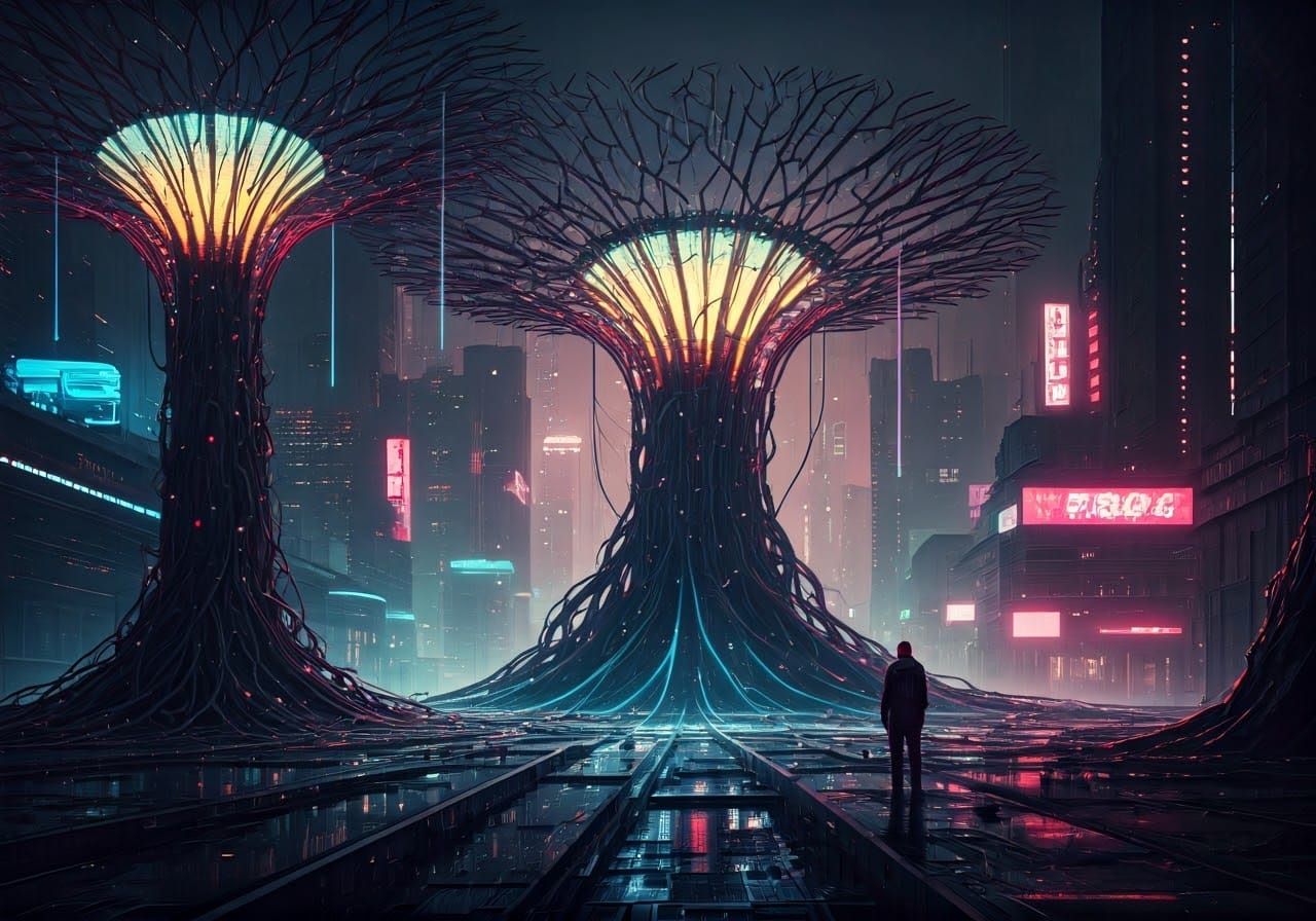 Cyberpunk Forestscape in Neon-Lit Twilight