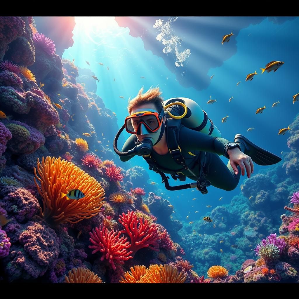 Scuba Diver in Vibrant Coral Reef, Graffiti Art