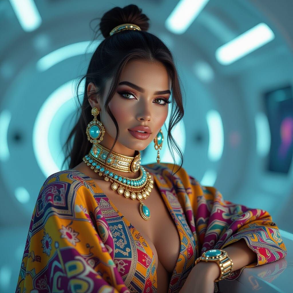 Hyperrealistic Woman in Futuristic Jewelry and Colorful Clot...
