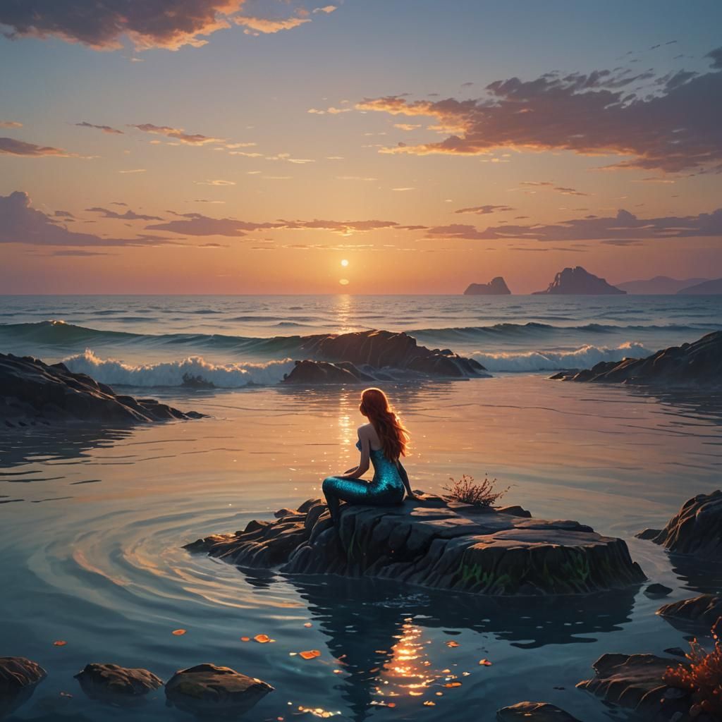 Mermaid in Serene Sunset Ocean: Fantasy Concept Art