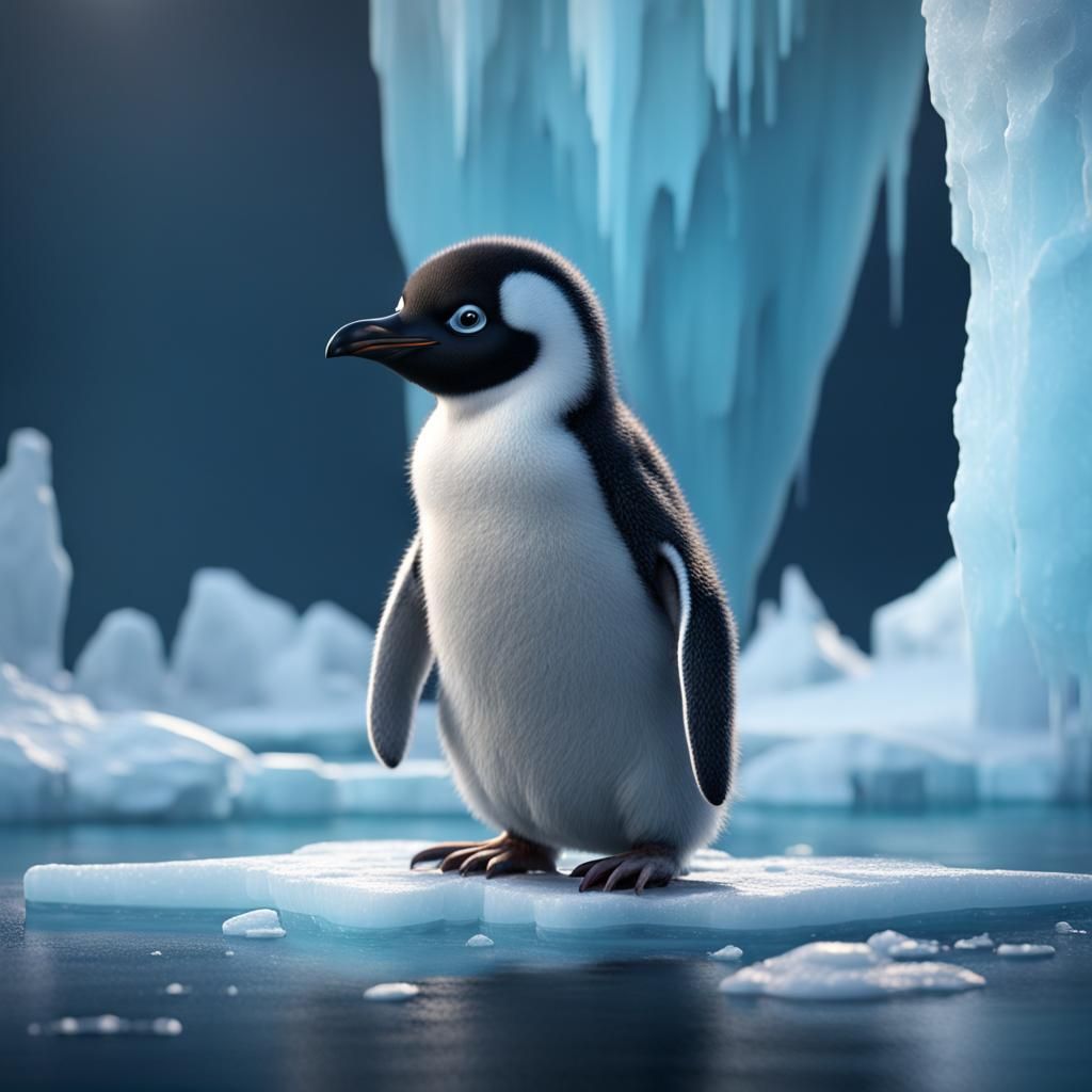 Detailed Painting of Baby Penguin on Iceberg
