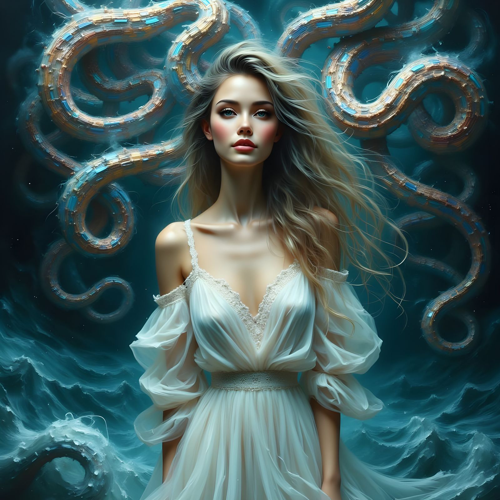 Surreal Woman with Tentacles in Dark Biomechanical Style