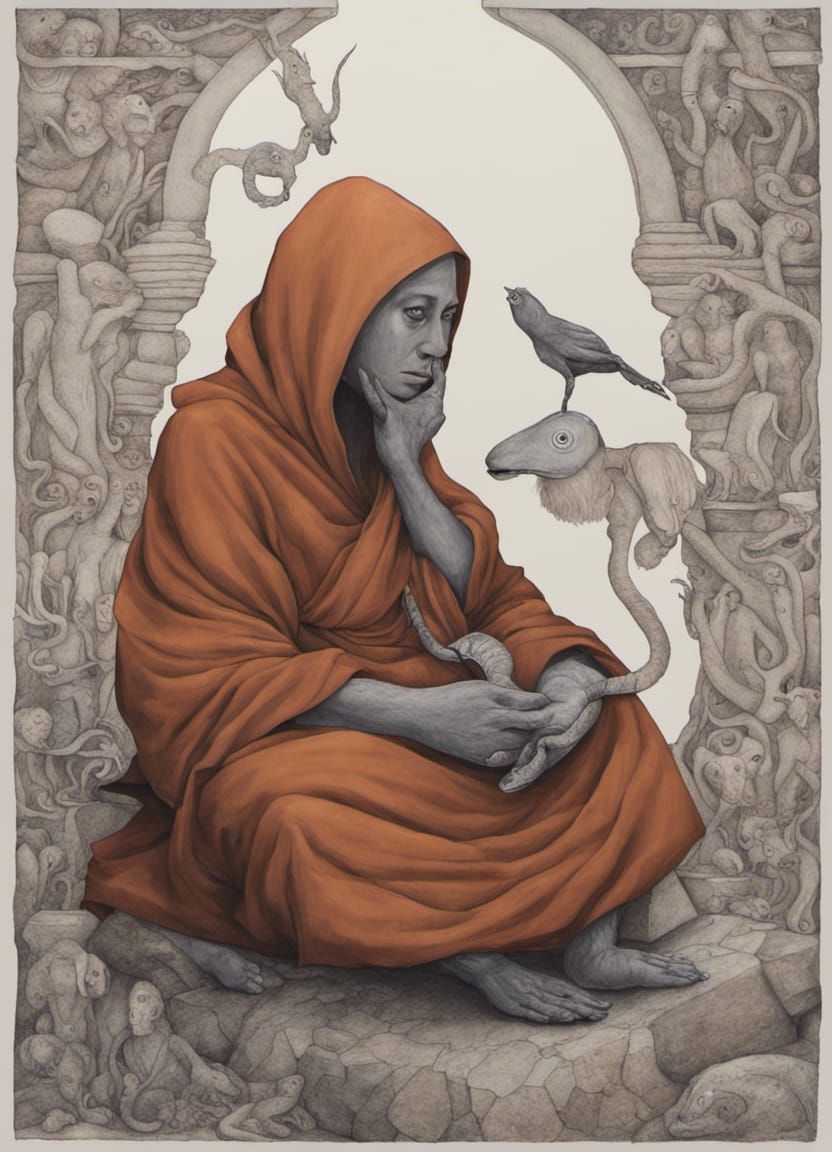 Monk and Creatures in a Mystical Setting