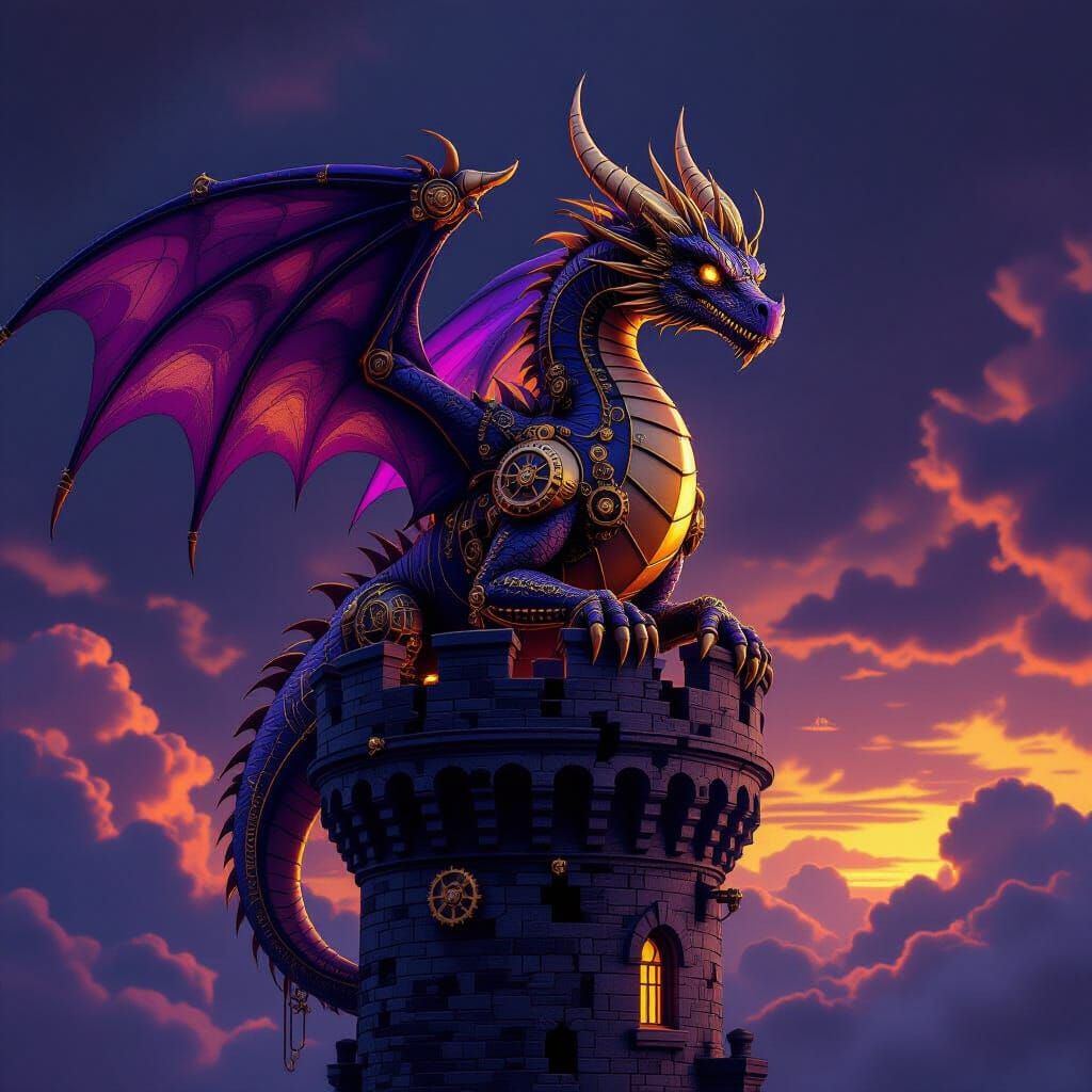 Steampunk Dragon on Crumbling Tower