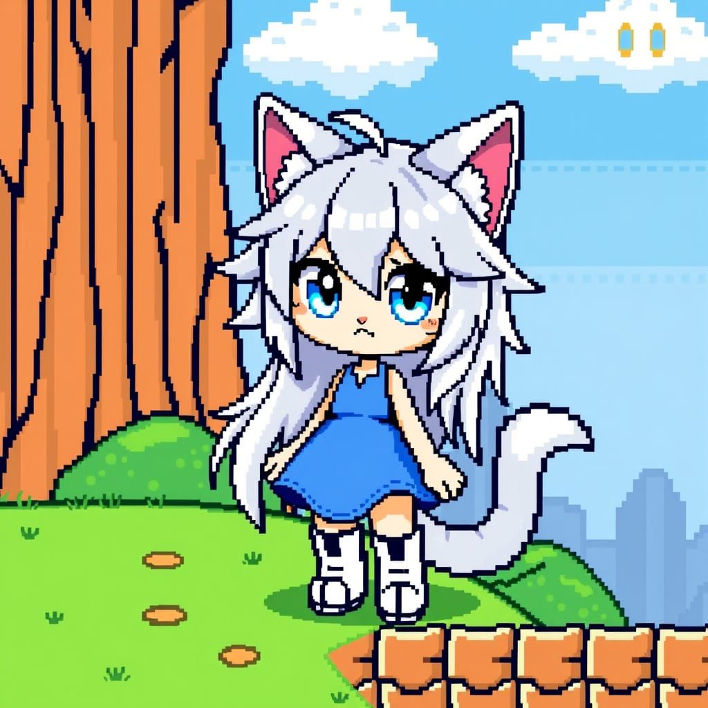 8-Bit Anime Catgirl Stands in Super Mario Bros Level