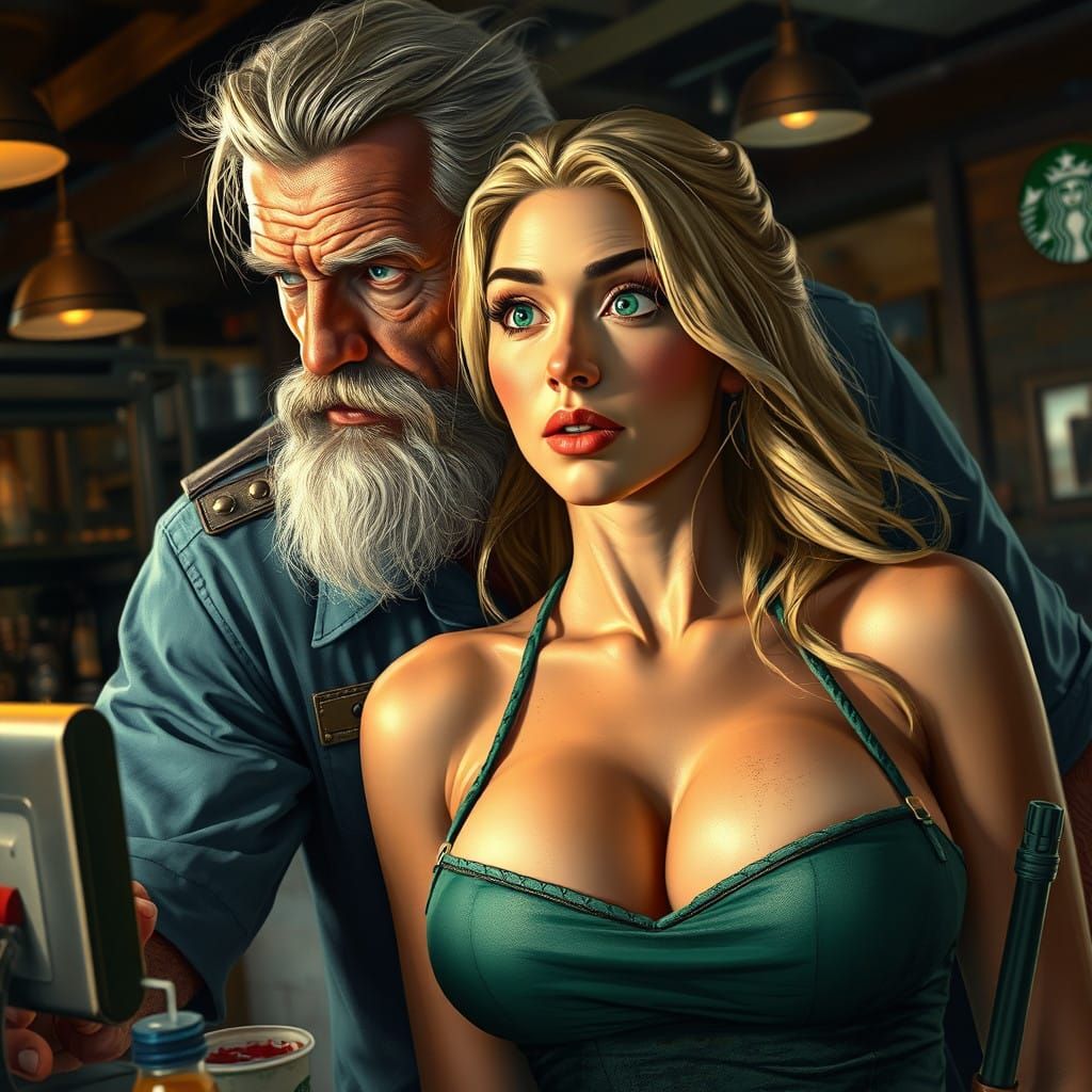 Cyberpunk Mad Max Icon Abducts Blonde Barista in Hyperdetail...