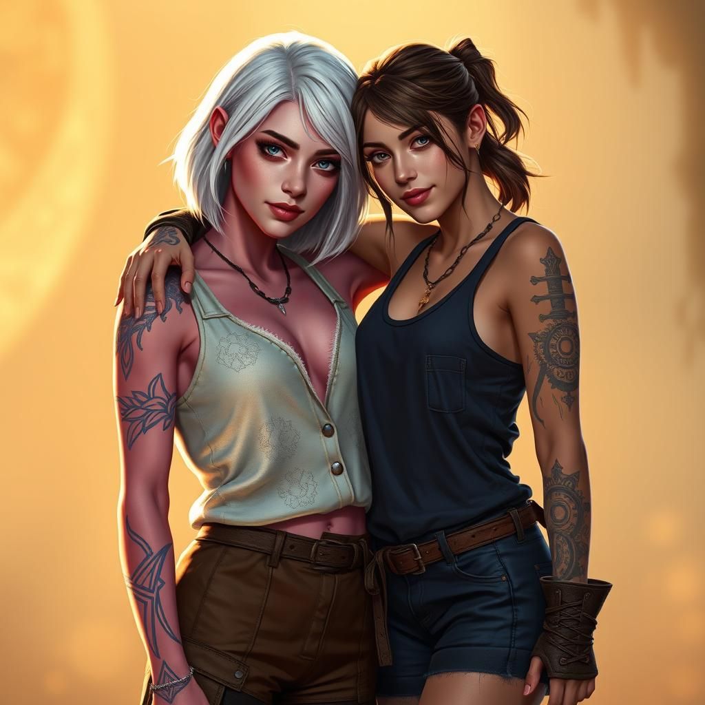 Fantasy Women with Glowing Tattoos in Golden Light