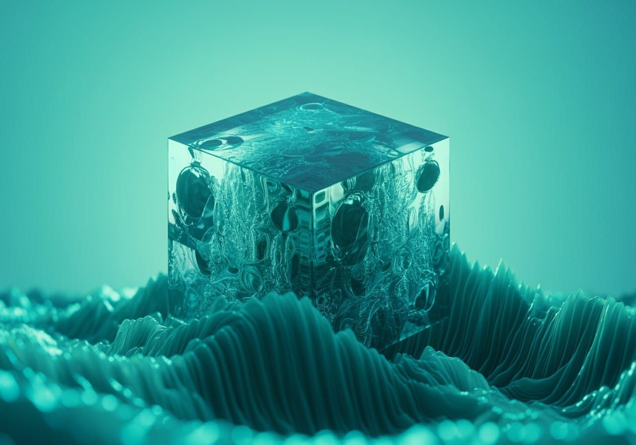 Translucent 3D Cube Sculpture with Digital Wave Surface