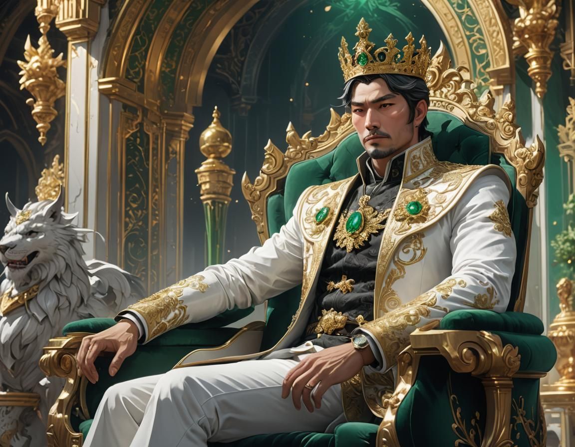 Regal King in Emerald Palace, Dark Fantasy Anime Art