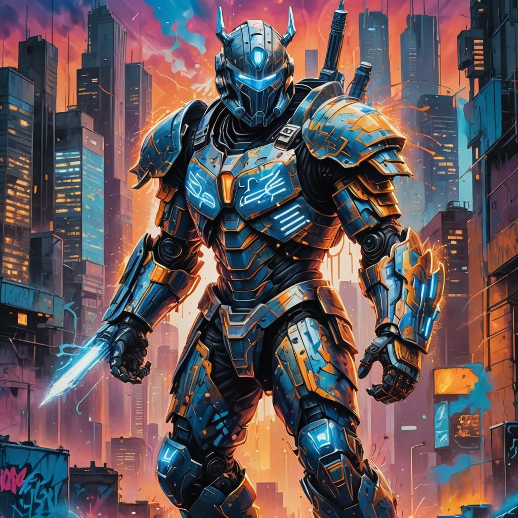 Armored Warrior in Graffiti Art Style