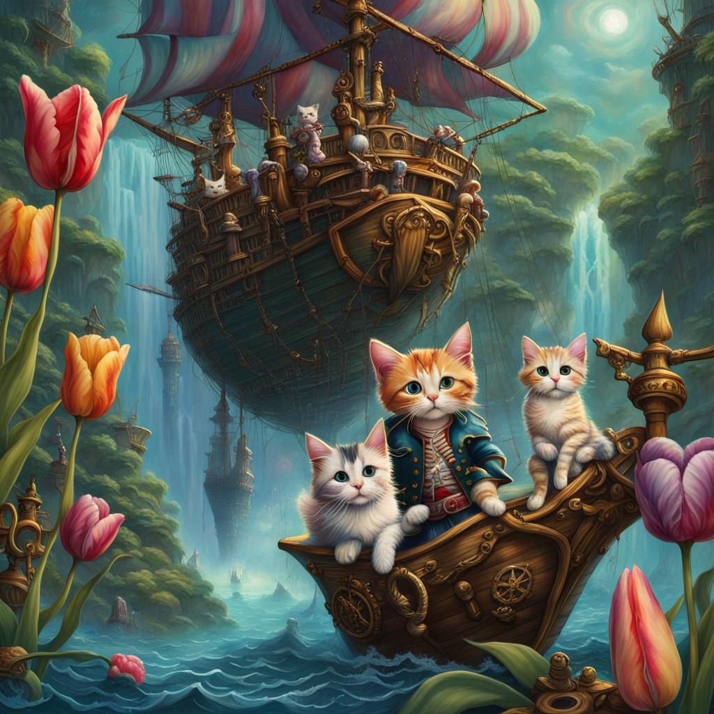 Iridescent Tulip with Pirate Cats on Ship