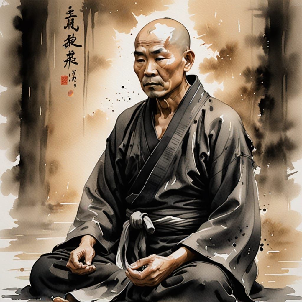 Warrior Monk Meditates in Sumi-e Style