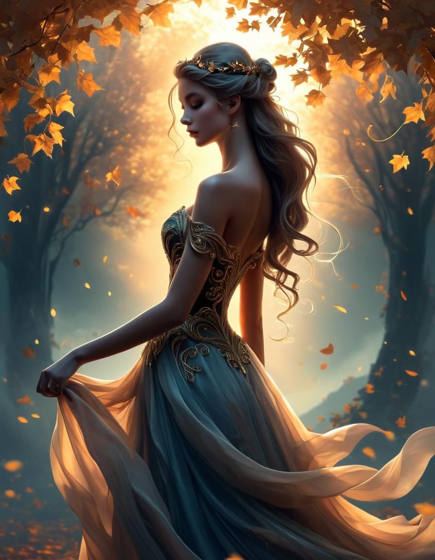 Ethereal Autumn Dancer in Romantic Digital Illustration