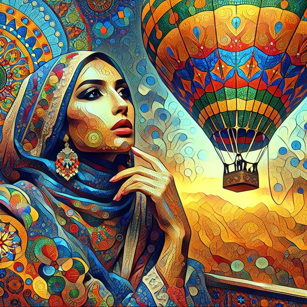 Woman in Hot Air Balloon: Oil on Canvas