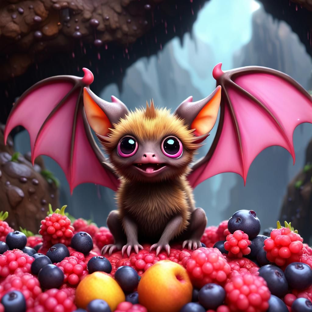 Adorable Furry Bat Dragon with Berries: 3D Digital Art