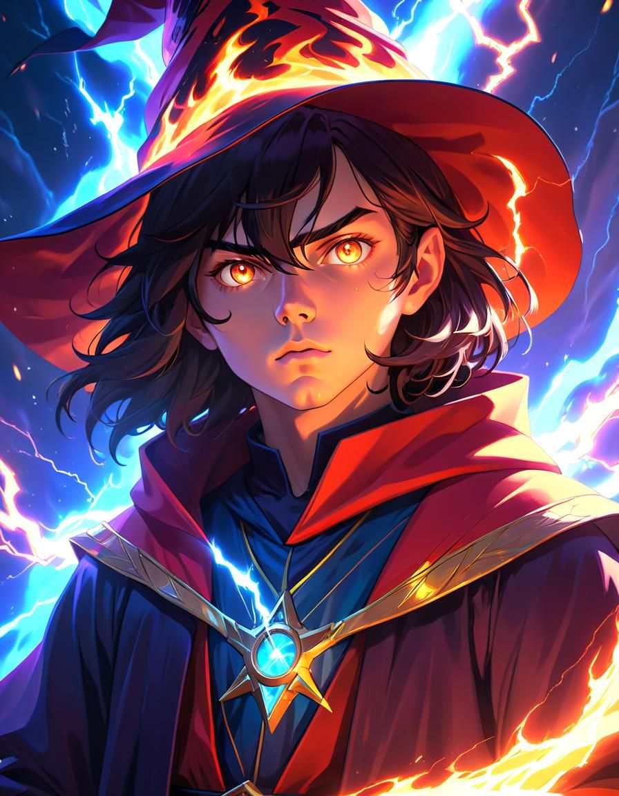 Cosmic Wizard Portrait with Fire and Lightning