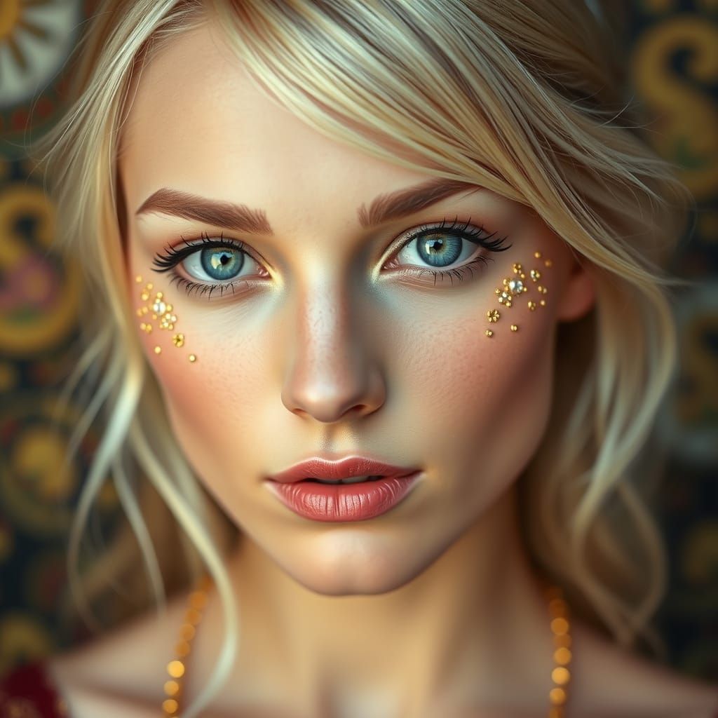 European Blonde Woman with Golden Accents in a Klimt-Inspire...