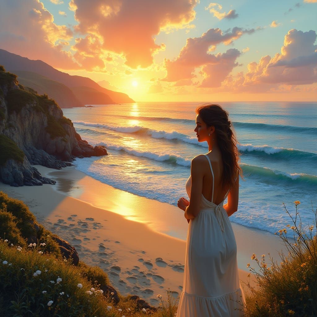 Coastal Sunset Scene in Impressionist Style