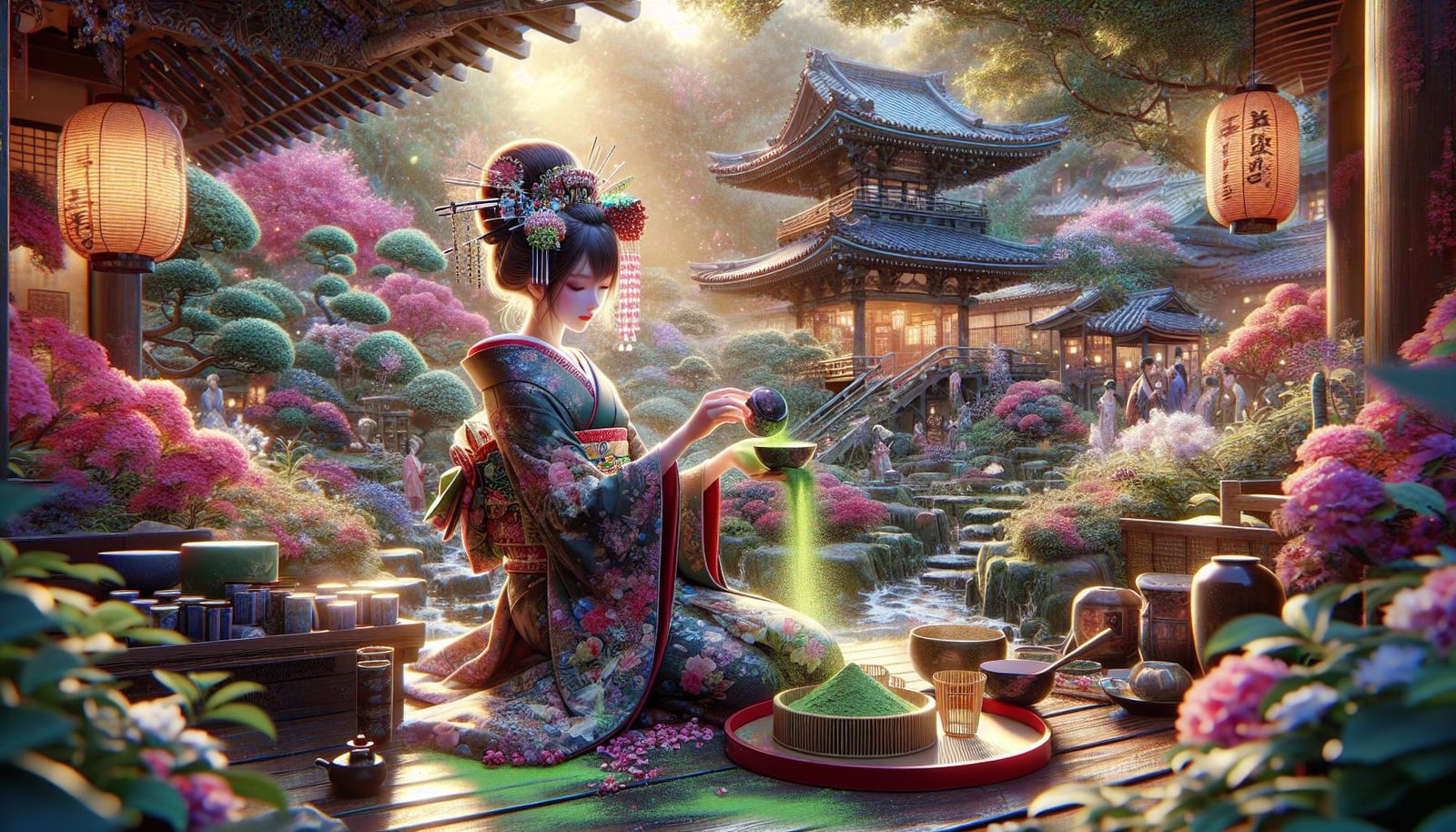 Geisha in Oriental Garden: 3D Anime Art
