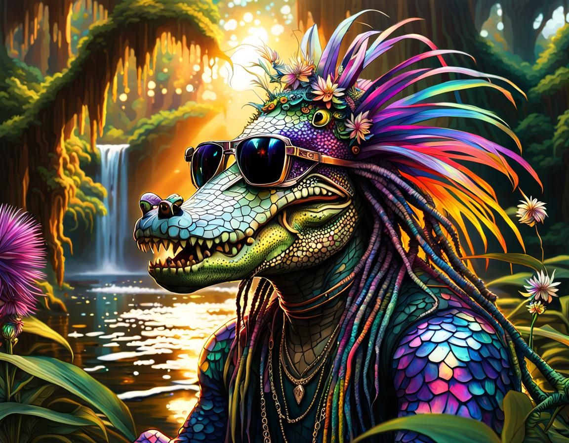 Rainbow Alligator Portrait with Orchid and Fractal Details