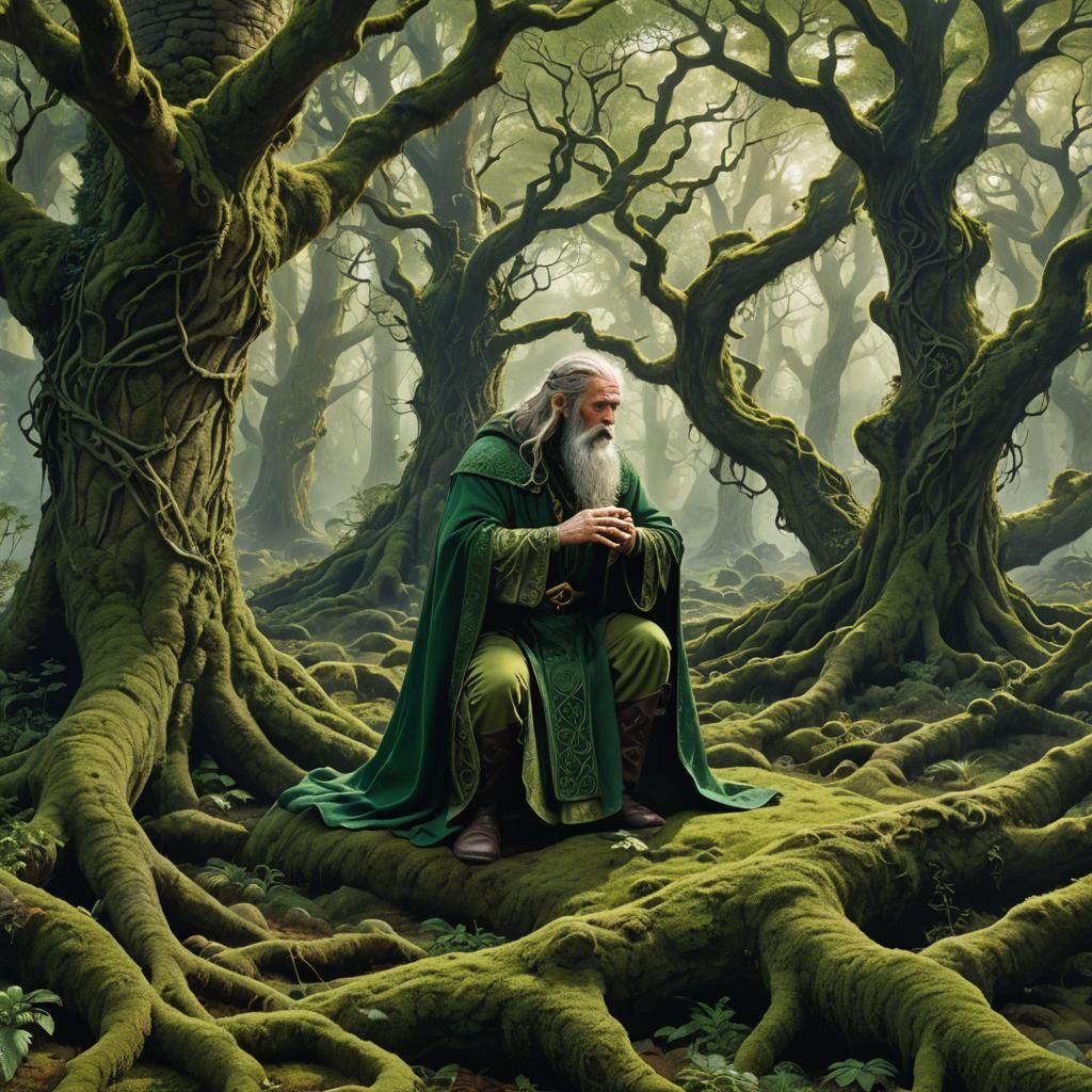 Druid Summoning Nature's Power in Mystical Forest
