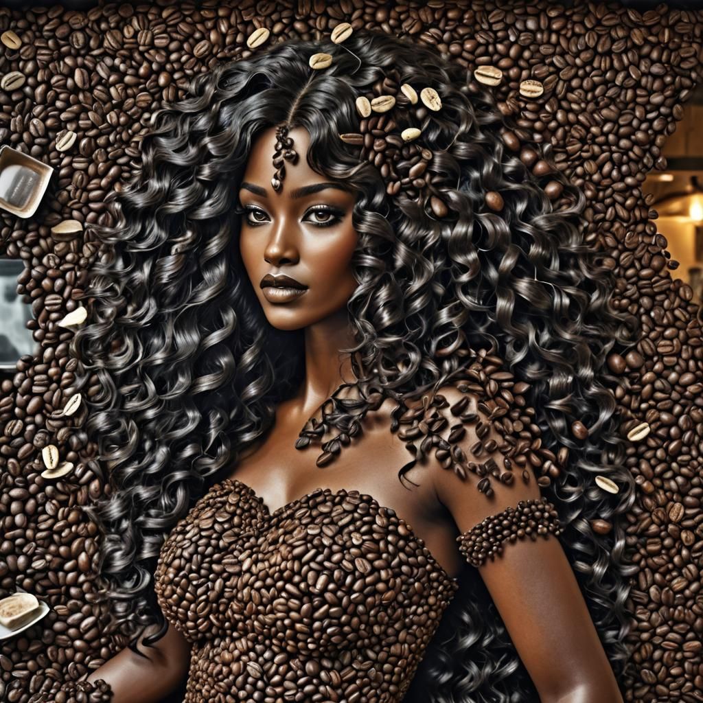 Coffee Goddess in Coffee Bar, Hyperrealistic