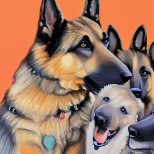 Happy German Shepherd Family in Gouache