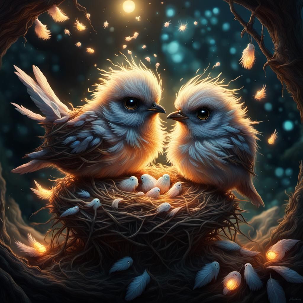 Surreal fuzzy, and hairy bird cubs enveloped by an ethereal nest