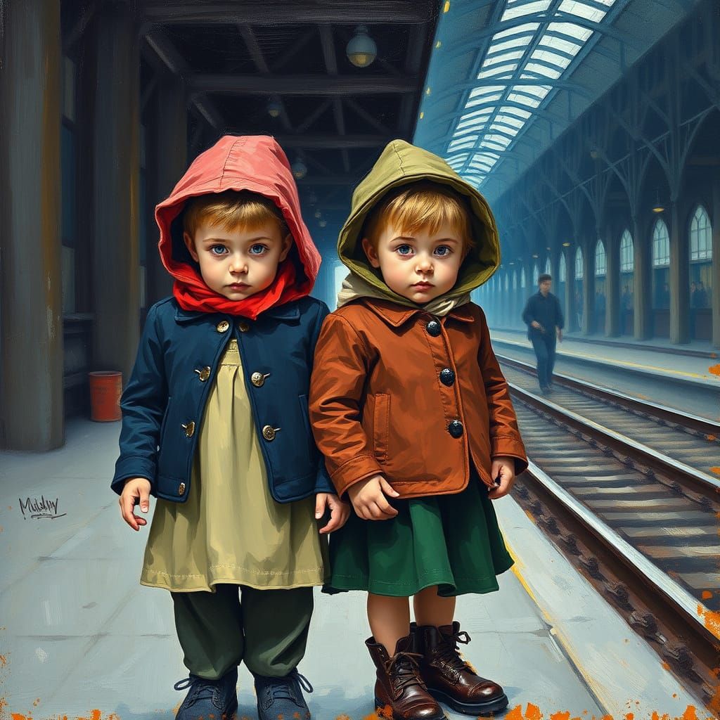 Children in Foggy Train Station, Expressionist Oil Painting