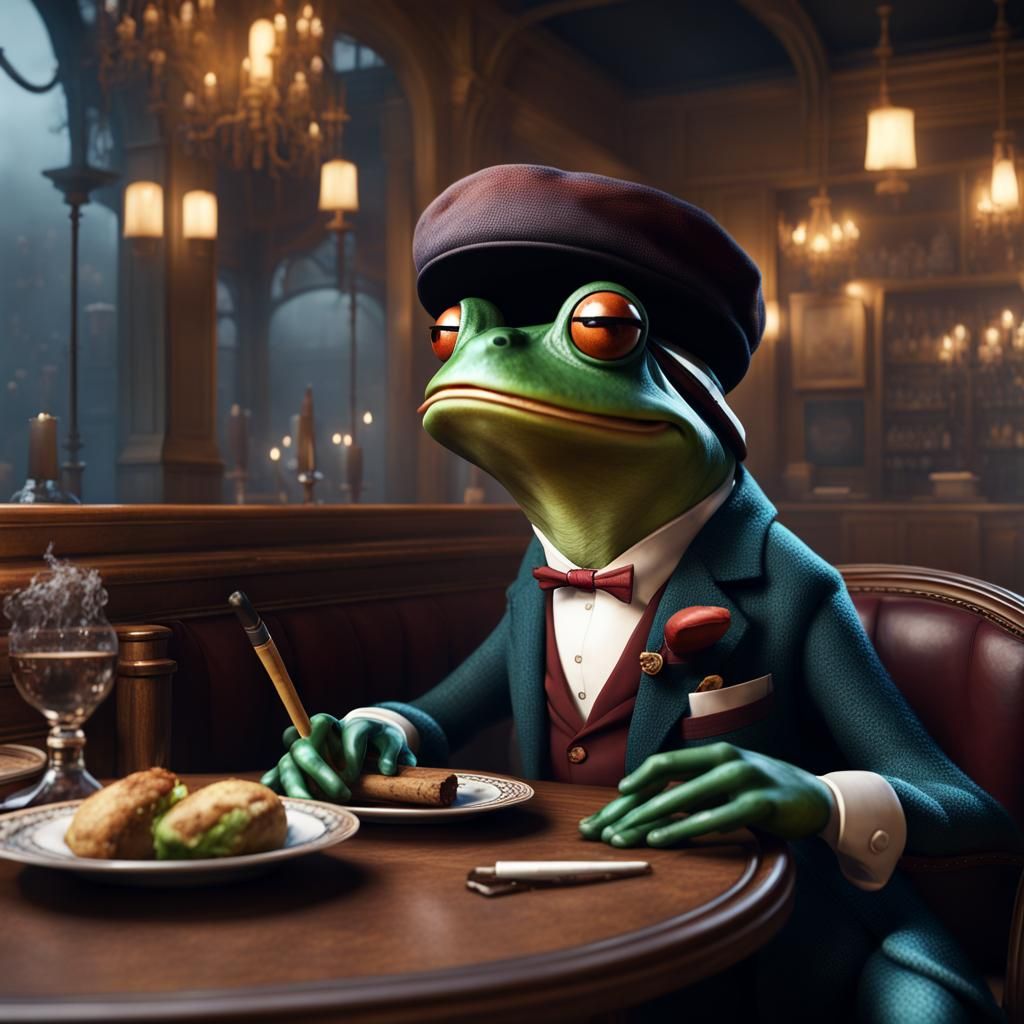 Frog in Beret Smoking in French Restaurant