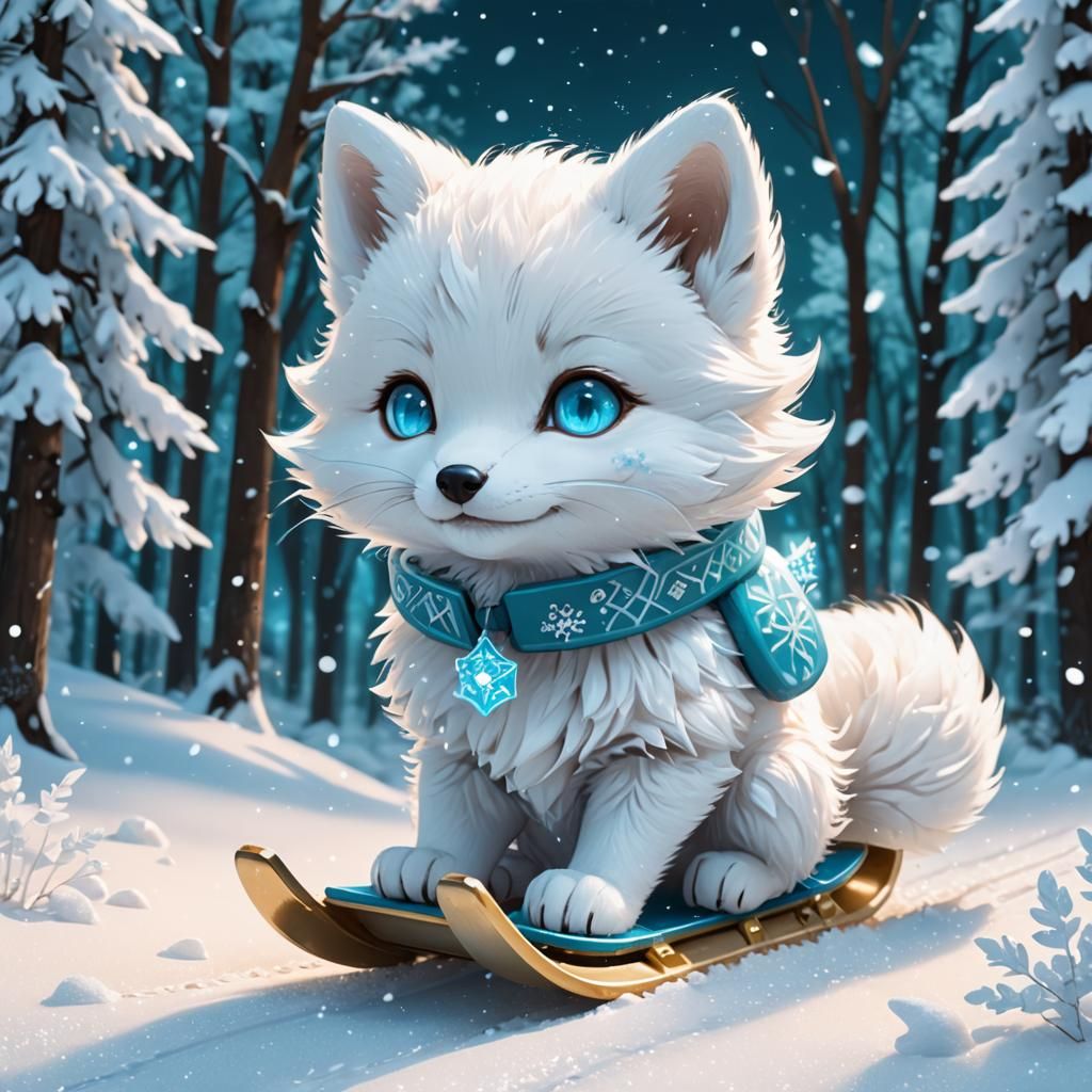 Chibi Arctic Fox on Sled in Anime Style