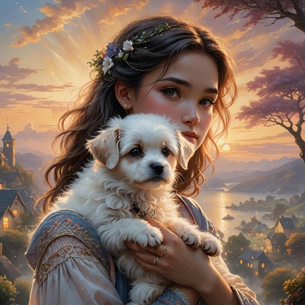 Girl and Dog at Sunset: Ethereal Portrait