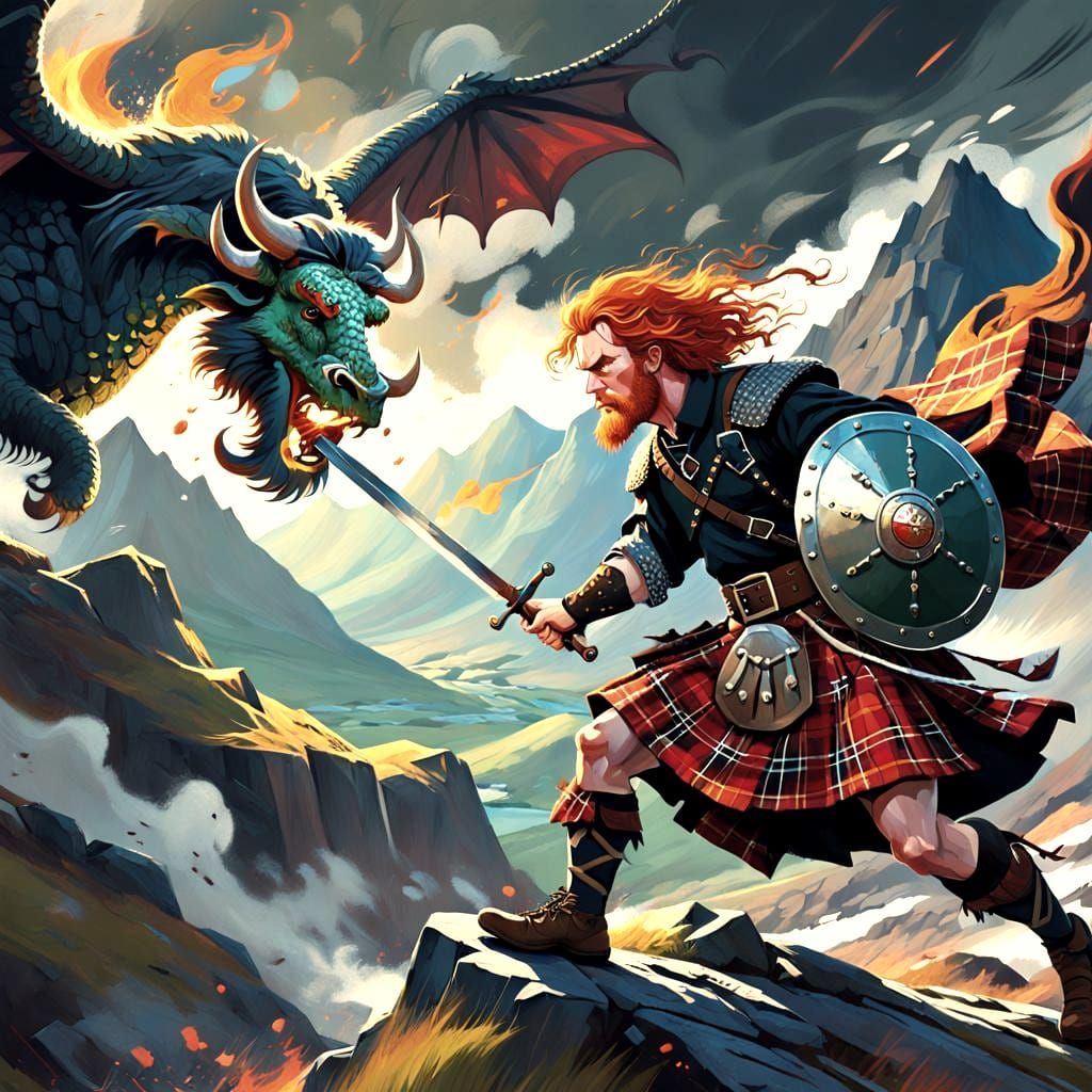 Highlander Battles Dragon on Scottish Mountain