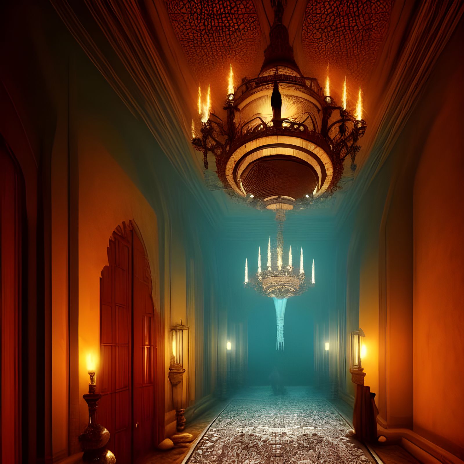Eerie Hallway with Turkish Lamps in Mixed Architecture