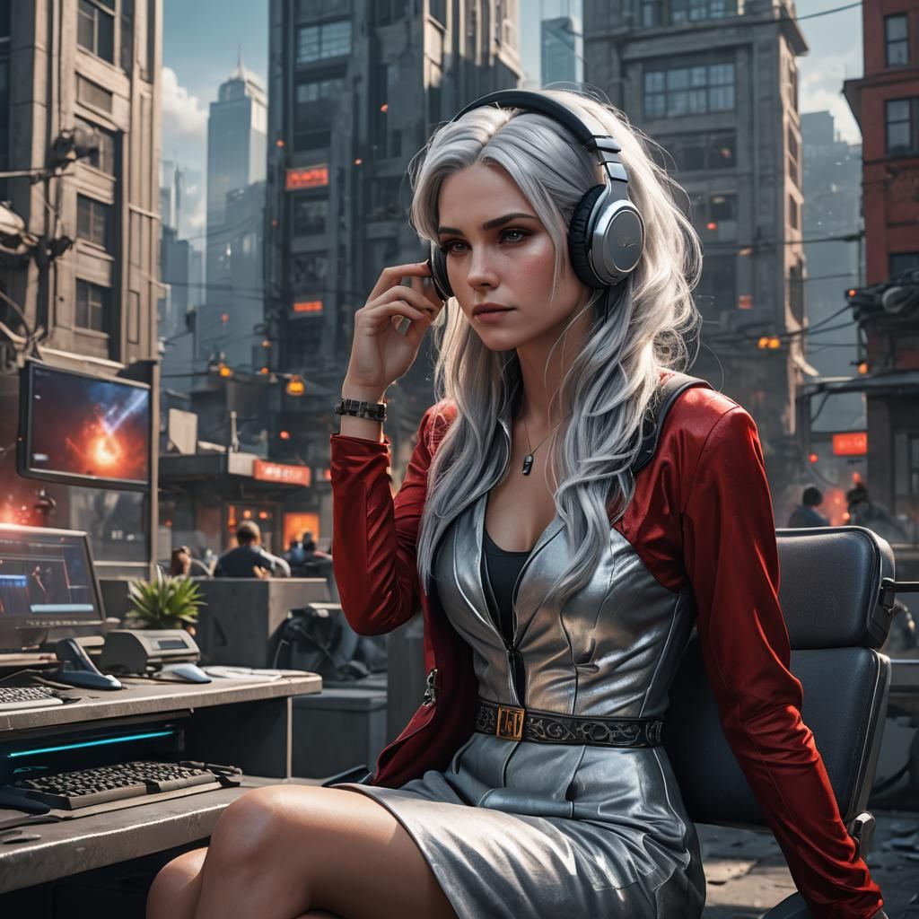 Woman with Silver Hair in Red Dress, Detailed Matte Painting