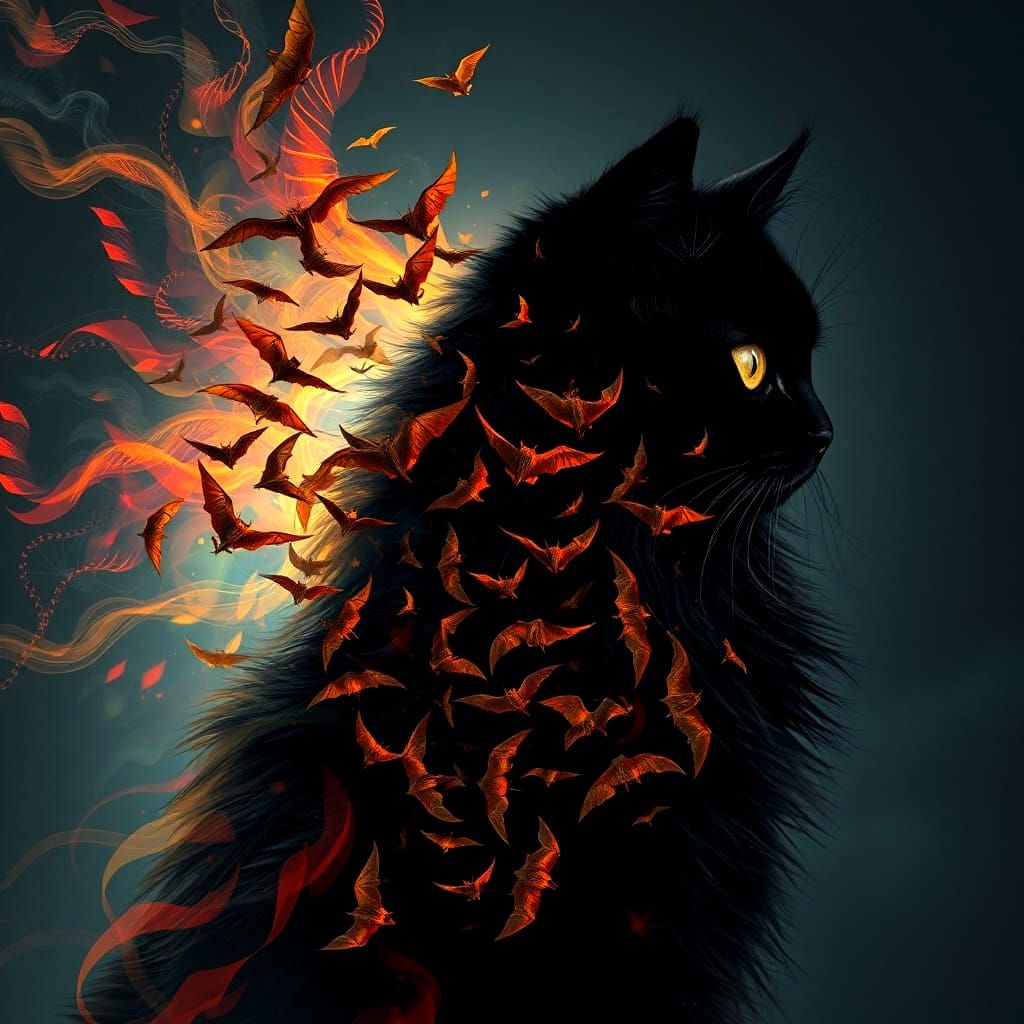 Surreal Black Cat Silhouette Filled with Bats in Fractal Col...