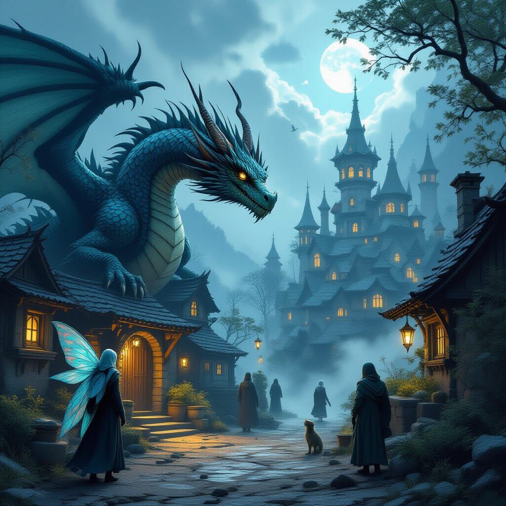 Mystical Folklore Creatures in Ancient Village, Semi-Realist...