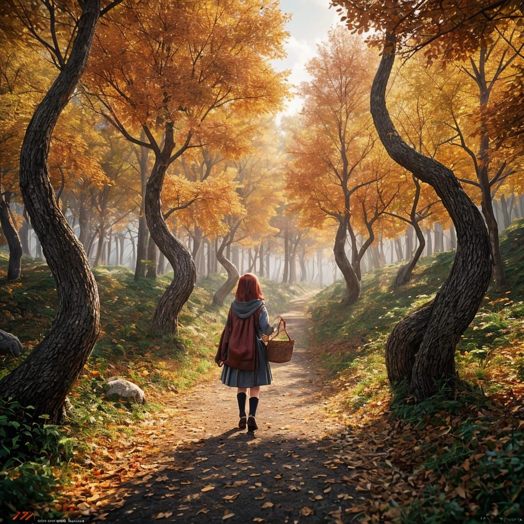 Red Hood in Autumn Forest: Detailed Anime Art