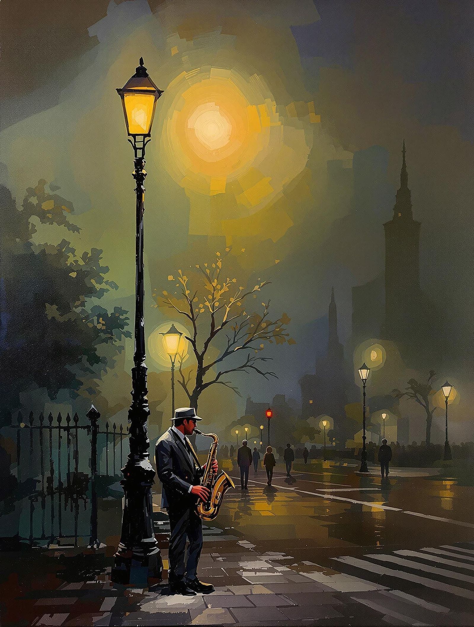 Man Plays Saxophone under Vintage Streetlight