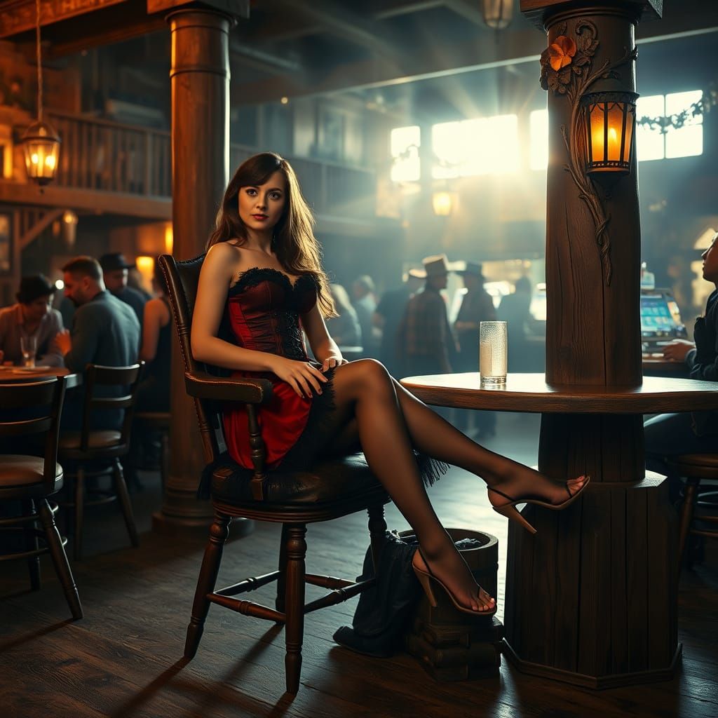 Rustic Saloon Showgirl Basks in Warm Sunset Glow