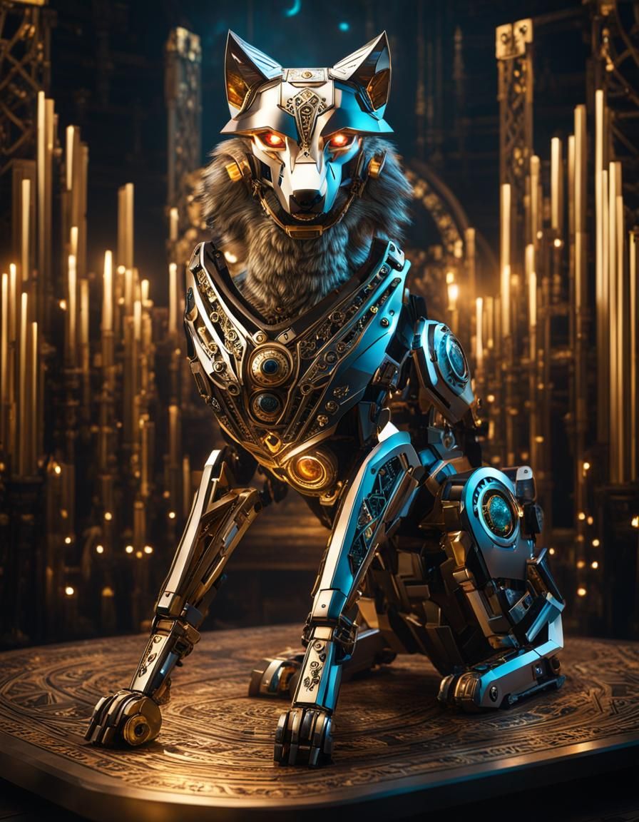 Anthropomorphic Robotic Wolf with Glittering Runes