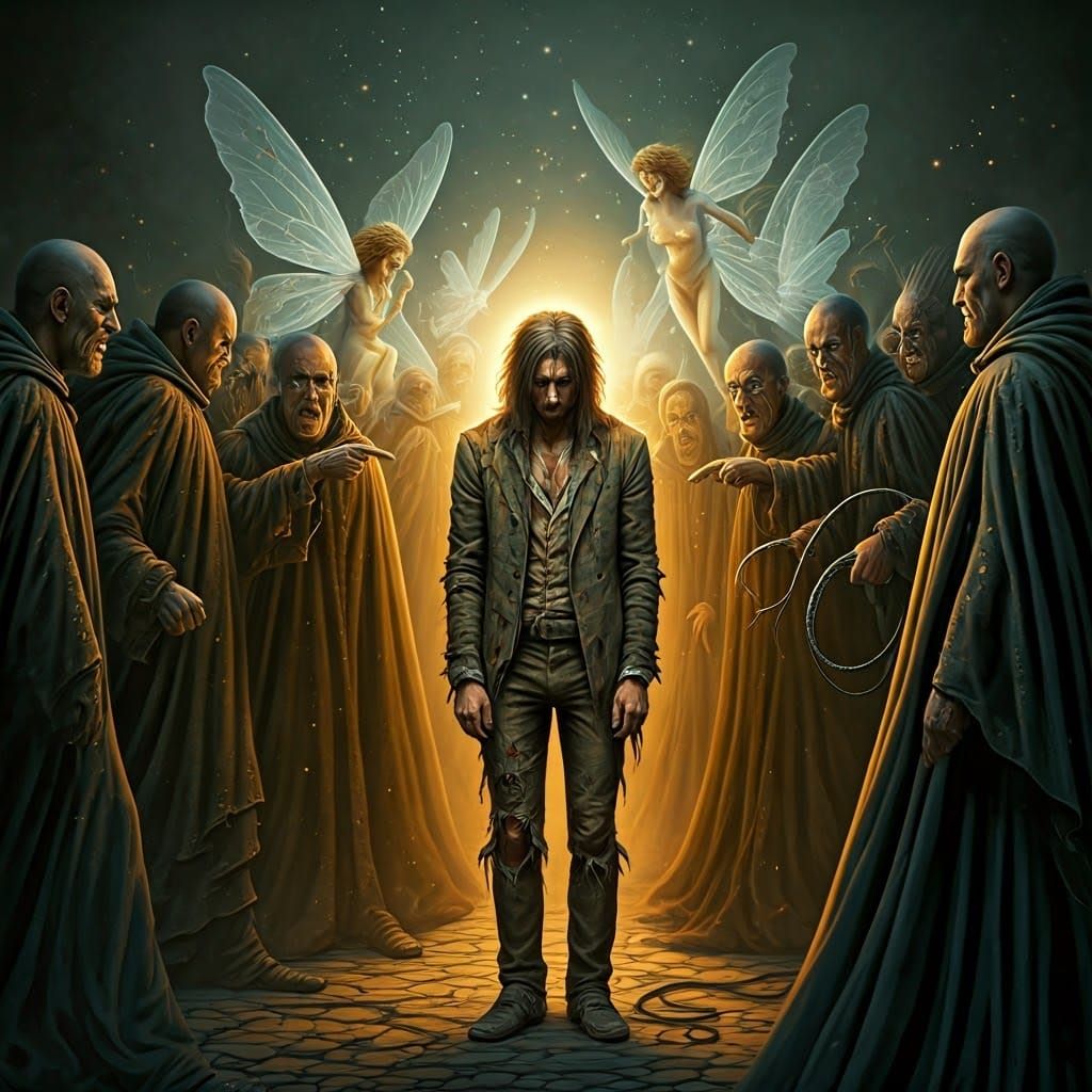 Bewitching Man Surrounded by Sorrowful Fairies