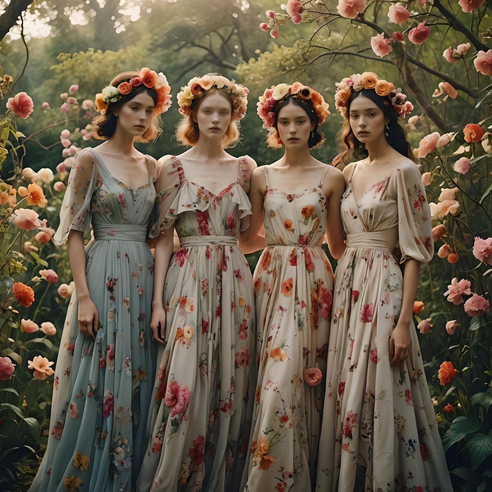 Elegant Women in Floral Headpieces: Fashion Photography