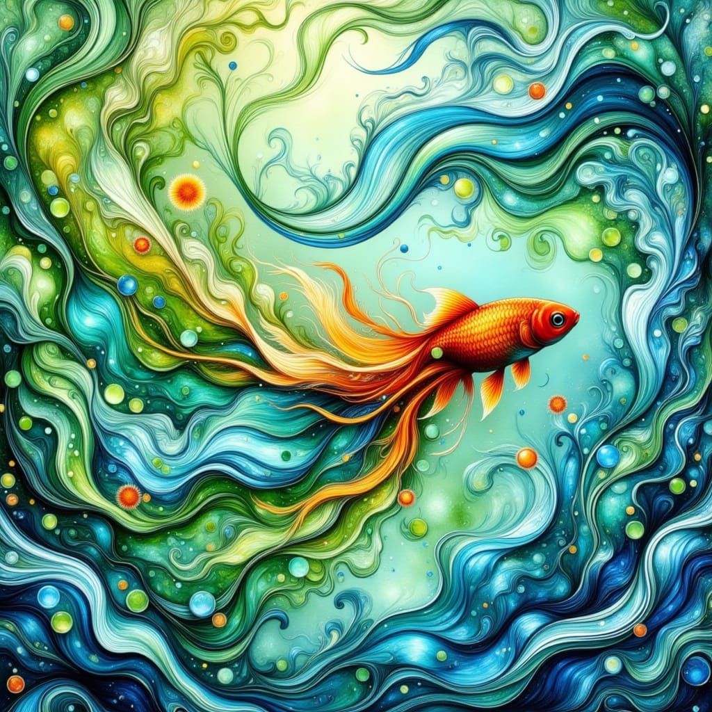 Goldfish in Aqua Waters as Alcohol Ink Art